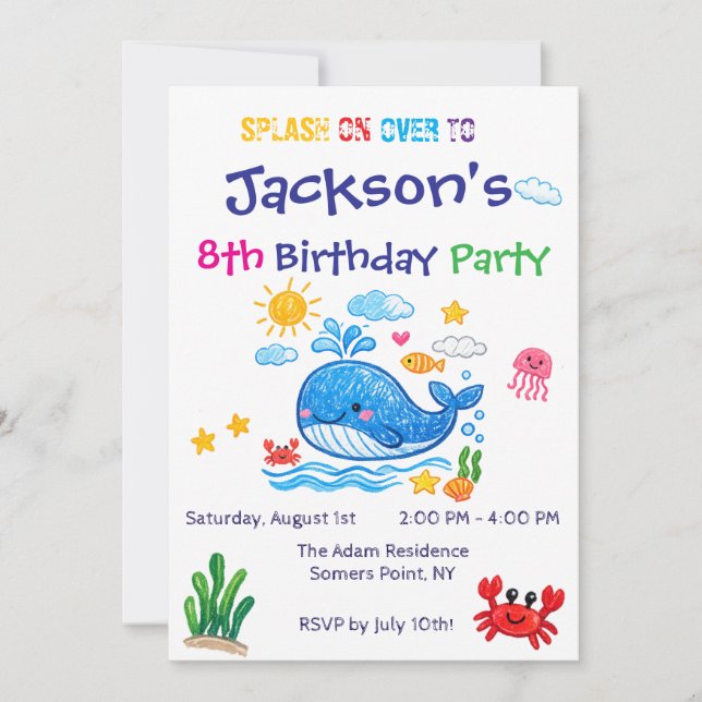 Whale Theme Summer Kids Birthday Invitation Card Inbjudningar (Framsida)
