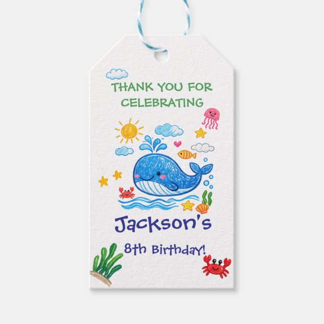 Whale Theme Summer Kids Birthday Thank you  Presentetikett (Framsidan)