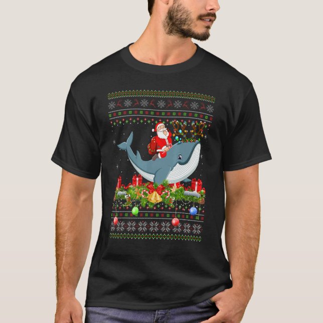 Whale  Ugly Santa Riding Whale Christmas T Shirt (Framsida)