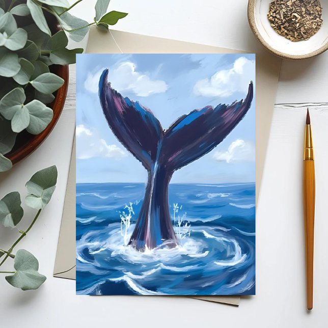 Whale Watching | Blå vattenfärg i havet Vykort (Skapare uppladdad)