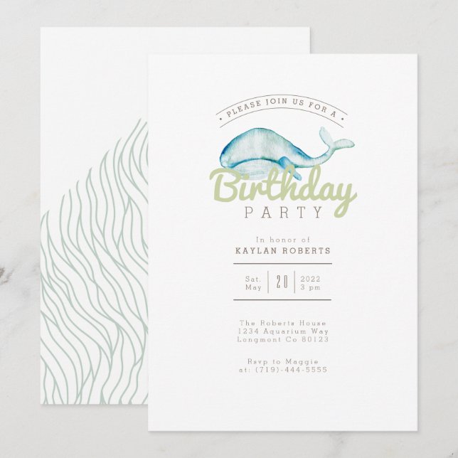 Whale Watercolor | FÖDELSEDAGSFEST | Ocean Life Inbjudningar (Fram/baksida)