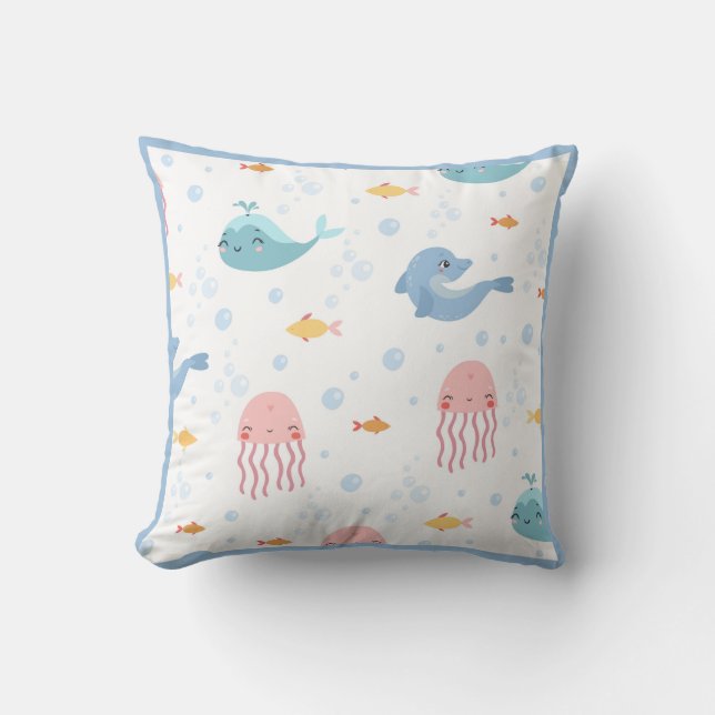 Whales Dolphins Jellyfish Rosa Ocean Sea Fish Boy Kudde (Framsida)