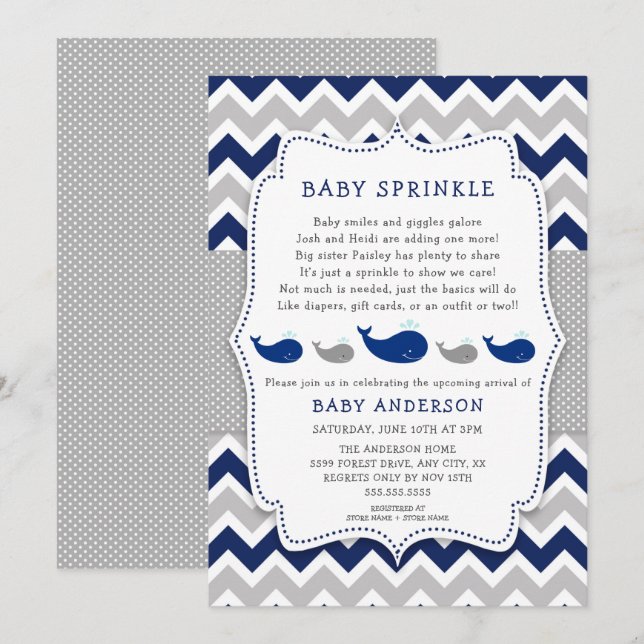Whales Navy Grått baby sprinkle-inbjudan Inbjudningar (Fram/baksida)