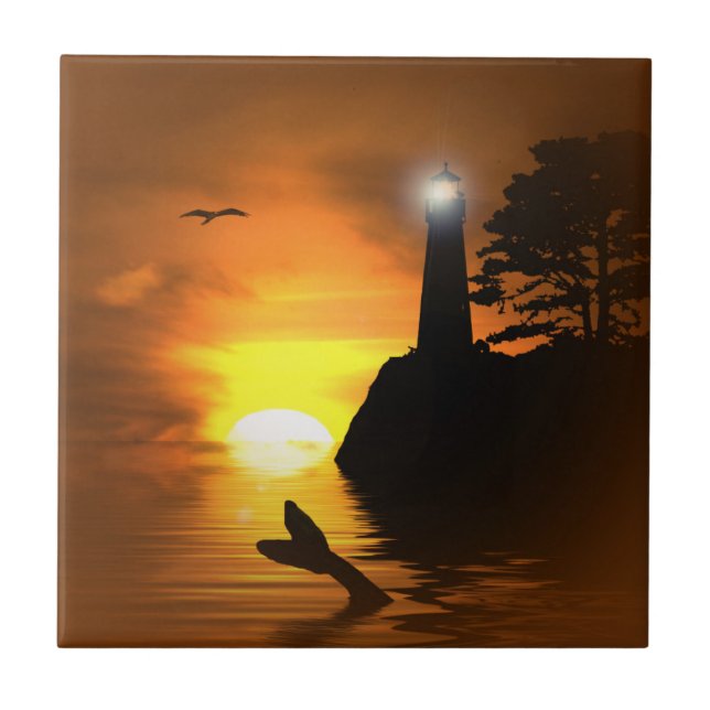 Whale's Svan and Lighthouse Art Tile Kakelplatta (Framsidan)