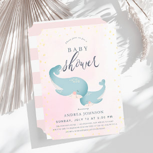 Whales Watercolor Rosa Girl Baby Shower Inbjudningar
