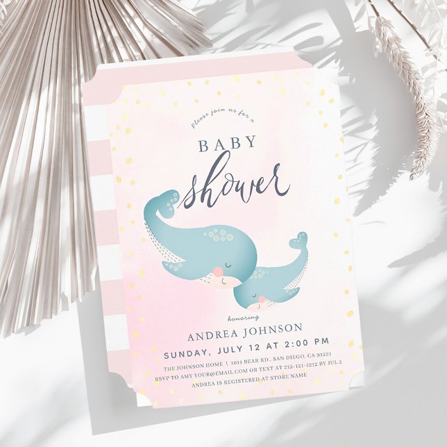 Whales Watercolor Rosa Girl Baby Shower Inbjudningar (Skapare uppladdad)