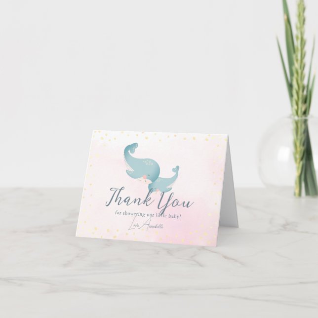Whales Watercolor Rosa Girl Baby Shower Tack Kort (Framsida)