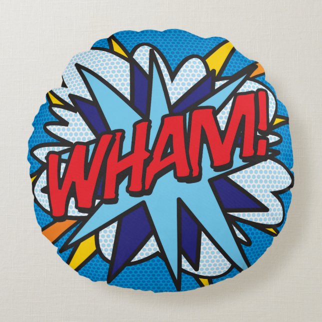 WHAM KA-POW Roligt Retro Tecknad Bok-poppart Rund Kudde (Framsidan)