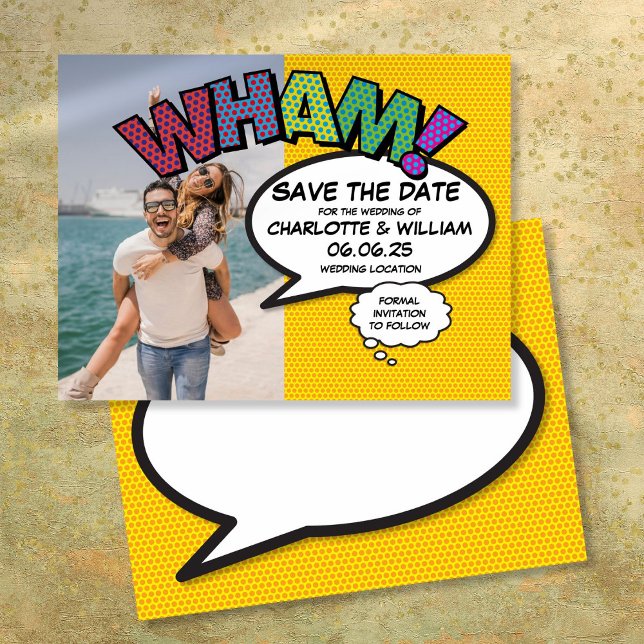 WHAM Photo Save Date Roligt Modern Tecknad Bok Meddelande Vykort (WHAM Photo Save the Date Fun Modern Comic Book)