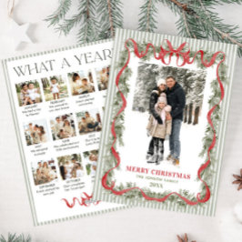 What a Year Sage Green Red Bow Christmas 13 Photo Julkort