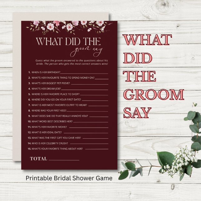 What Did the Groom Say BridalShower Game, Burgundy (Skapare uppladdad)