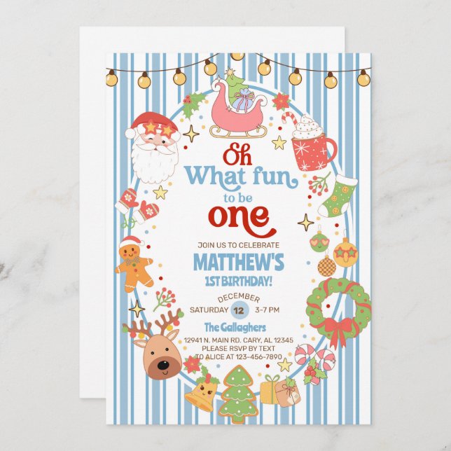 What fun to be One boy 1st birthday invite. Inbjudningar (Fram/baksida)