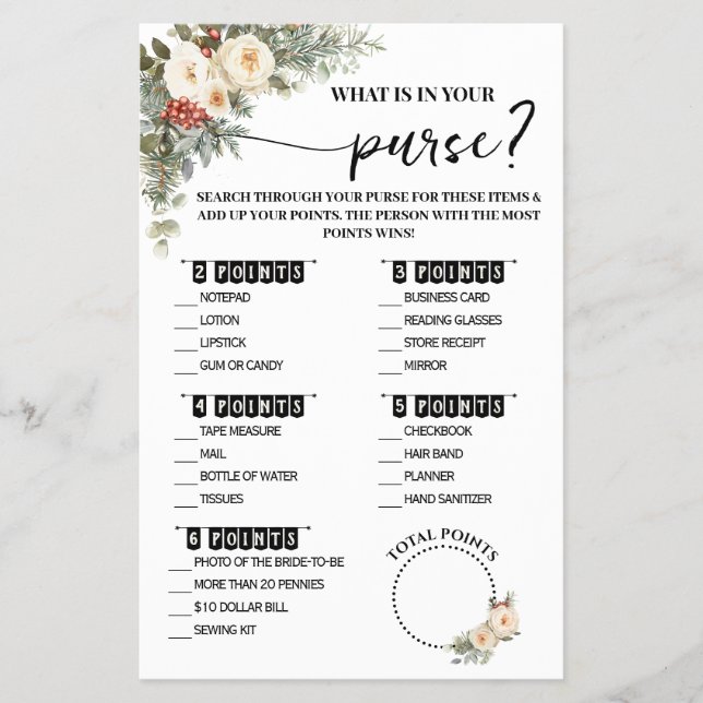 What is in Purse Winter Bridal Shower Game Card Flygblad (Framsidan)