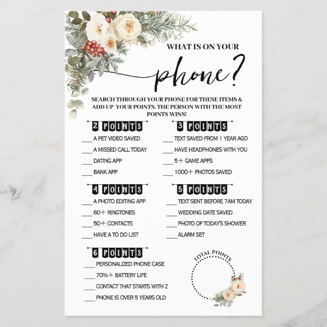 What is on Phone Winter Bridal Shower Game Card Flygblad (Framsidan)