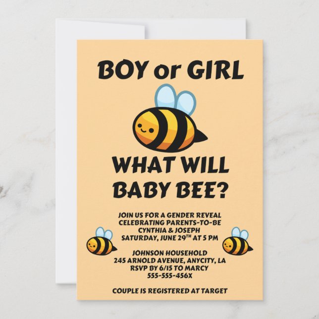 What Will Baby Bee Gender Reveal  Inbjudningar (Framsida)