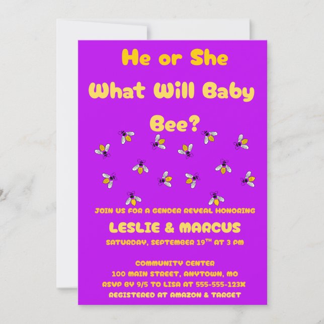 What Will Baby Bee Gender Reveal Inbjudningar (Framsida)