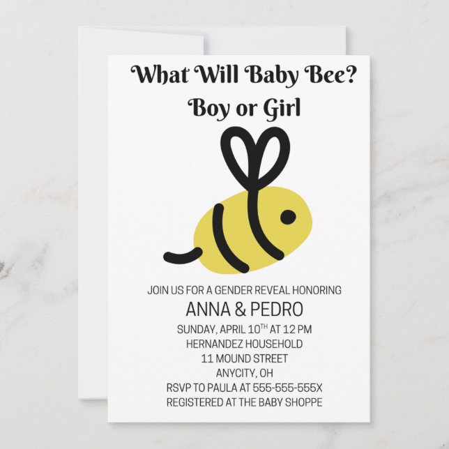 What Will Baby Bee Gender Reveal Inbjudningar (Framsida)