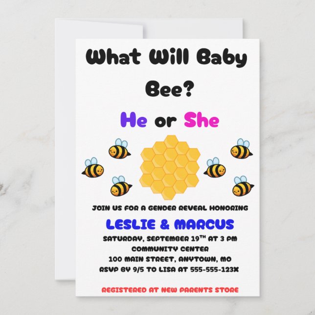 What Will Baby Bee Gender Reveal Inbjudningar (Framsida)