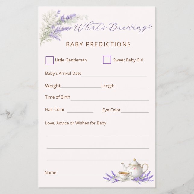 What's Brewing Tea Party Baby Prediction Card Flygblad (Framsidan)