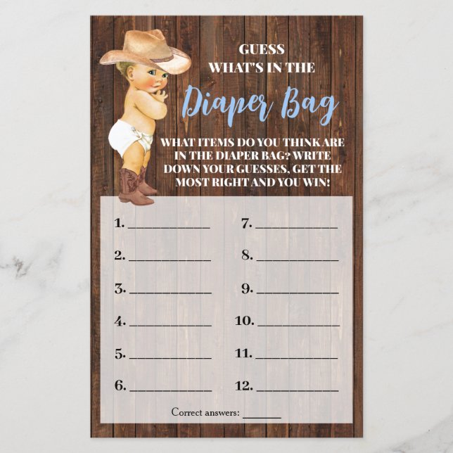 What's in Diaper Bag Cowboy Baby Shower Game Card Flygblad (Framsidan)