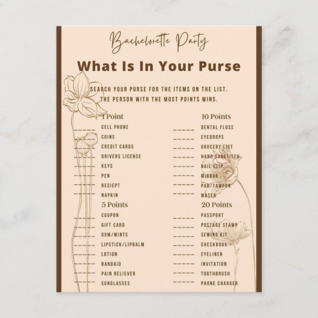 What's in Din Purse Bachelorette Party Game Tilläggskort (Framsida)