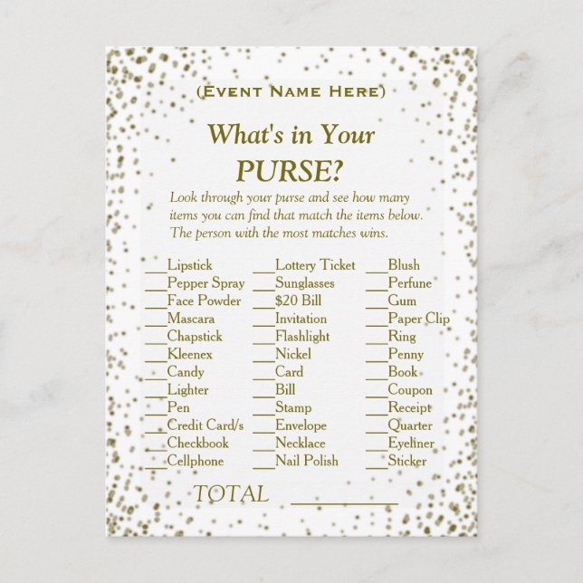 What's in Your Purse | Guld Confetti Inbjudan Vykort (Framsida)