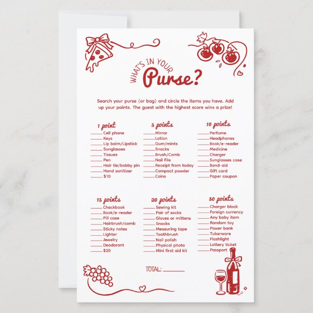 Whats In Your Purse Italian Bridal Party Game Card (Framsida)