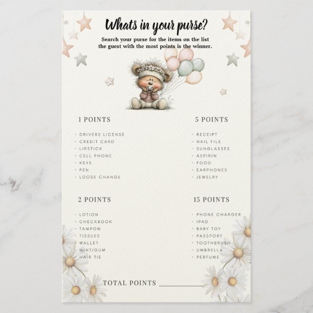 Whats in your purse? Whimsical Teddy Bear Game Brevpapper (Framsida)