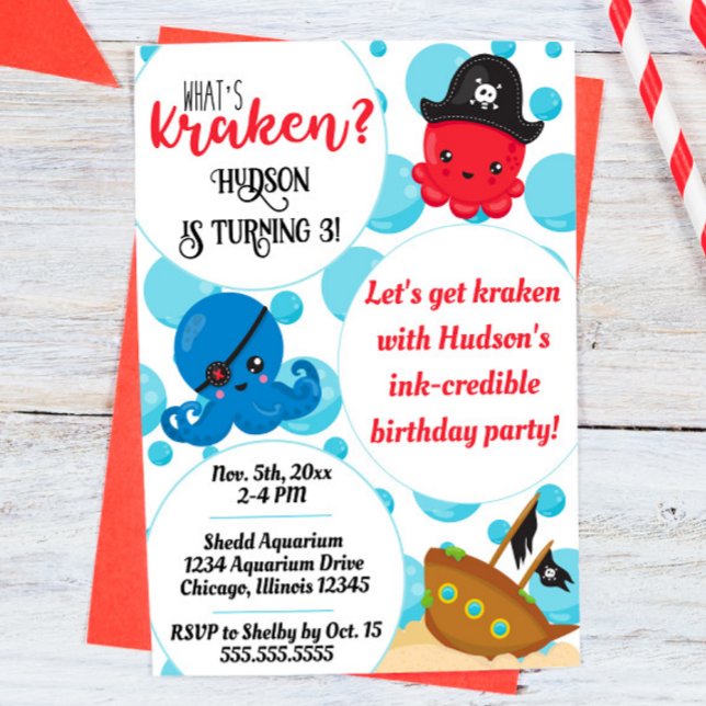 "What's Kraken" Octopus Pirat Children's Birthday Inbjudningar ("what's kraken" octopus pirate themed birthday party invitation)