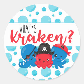 "What's Kraken" Octopus Pirat Children's Birthday Runt Klistermärke
