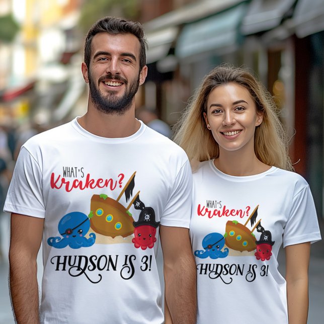 "What's Kraken" Octopus Pirat Parents födelsedag T Shirt ("What's kraken?" Parent's pirate octopus themed birthday shirts)