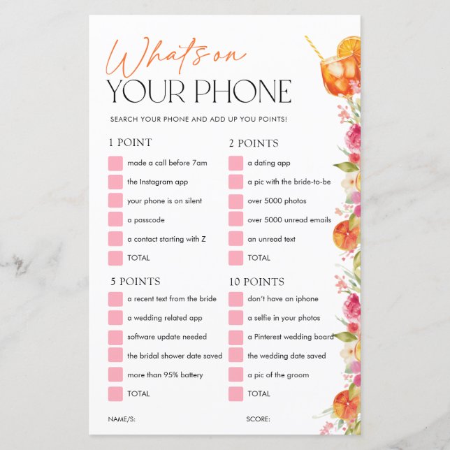 Whats On Your Phone Bridal Shower Game Spritz (Framsida)