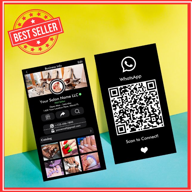 WhatsApp Black Nail Salon Social Media QR Visitkort (Skapare uppladdad)