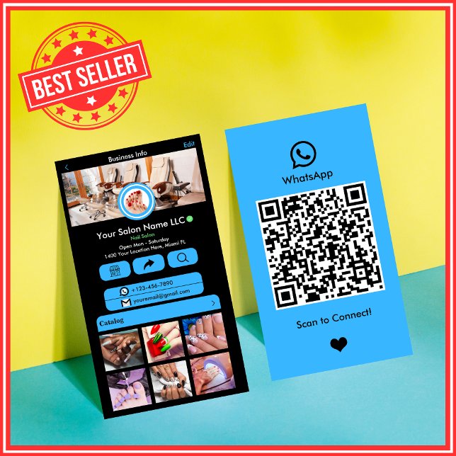 WhatsApp Nagelsalong Blå  Social Media QR-kod Visitkort (Skapare uppladdad)