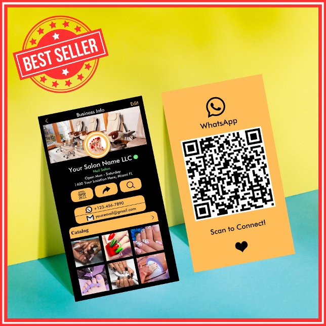 WhatsApp Nail Salon Peach Social Media QR-kod Visitkort (Skapare uppladdad)