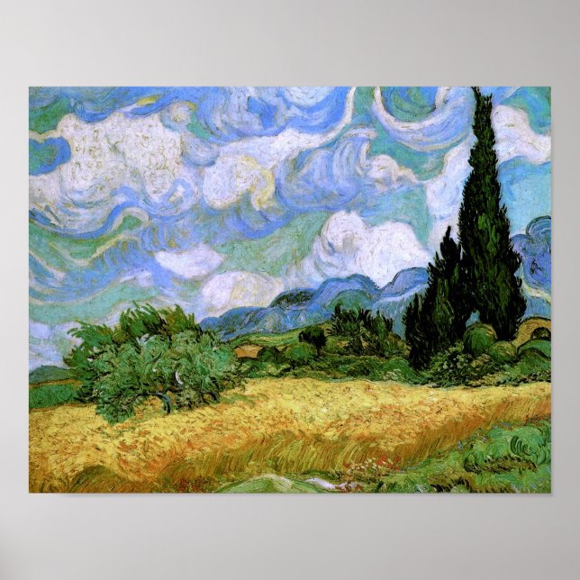 Wheat Fält med Cypresses Van Gogh Fine Art Poster (Framsidan)