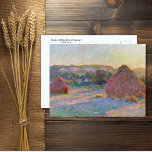 Wheat Stacks Summer Claude Monet Postcard Vykort<br><div class="desc">Ett vykort för brans konst med den imponerande målningen,  Vetestack (Slut på sommaren) 1890-1891 av Claude Monet (1840-1926). Vetet staplas på en gård fält med sol som kastar skuggor på fält.</div>