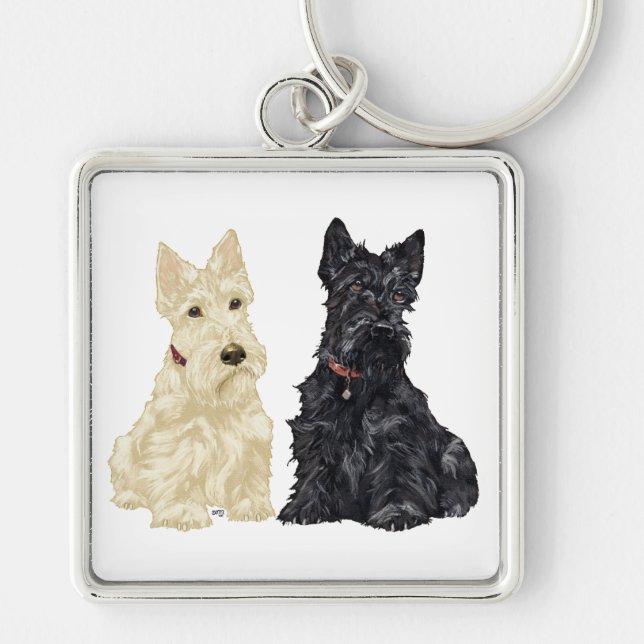Wheaten och svarta skotska terrier fyrkantig silverfärgad nyckelring (Framsidan)