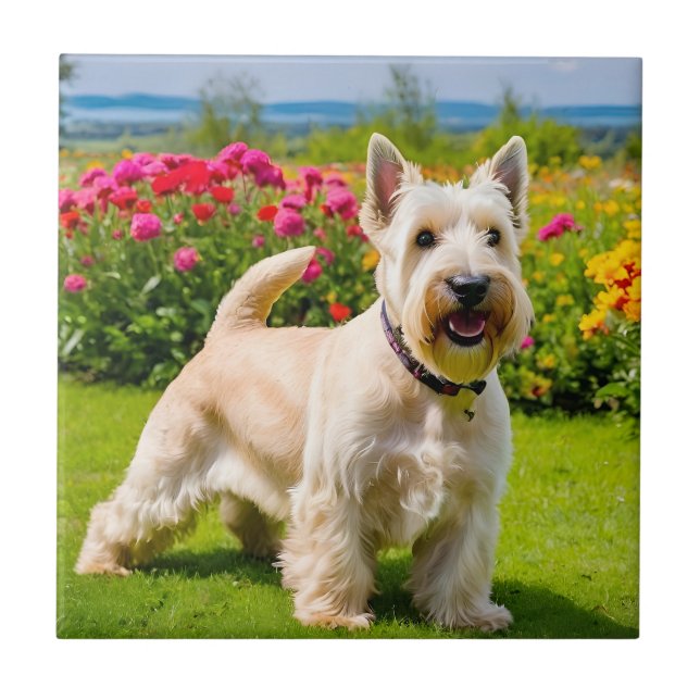 Wheaten Scottish Terrier leker i Flowers Grass Kakelplatta (Framsidan)