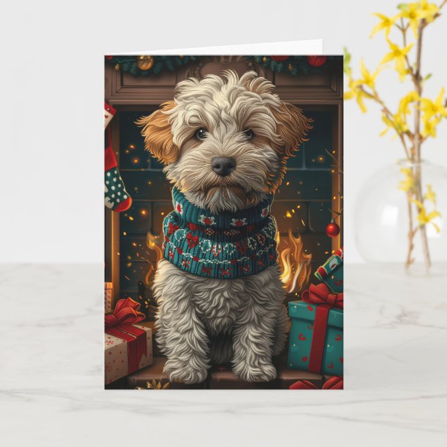 Wheaten Terrier Hund Med Julpresenter Öppen Spis Kort (Gul blomma)