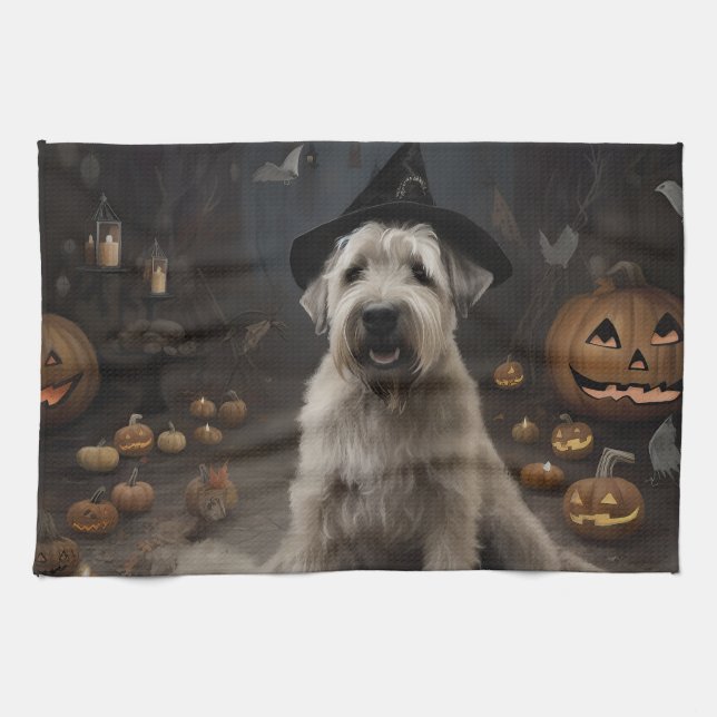 Wheaten Terrier Pumpkins Halloween Scary Kökshandduk (Horisontell)