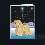 "Wheaten Terriers på Chanukah ", Helgkort<br><div class="desc">" Är Wheaten Terriers på Chanukah" en unik konstdesign för den judiska helgdag "Chanukah, " presentera två mjuka bestrukna wheaten terriers och en Hanukkah menora som tändas av stjärnorna. Vi har lämnat insidan av kortet tom för att dig ska skräddarsy.  Original- wheaten konstverk Â© Melanie tänder 2005.</div>
