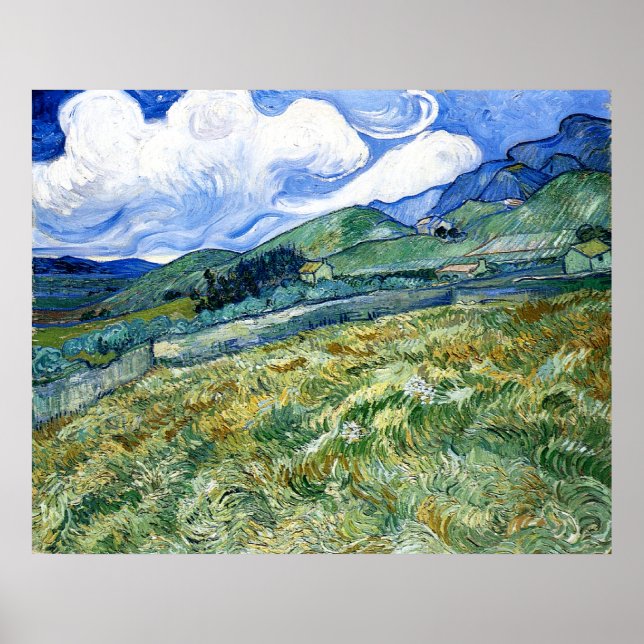 Wheatfield och Mountain, Vincent Van Gogh Poster (Framsidan)