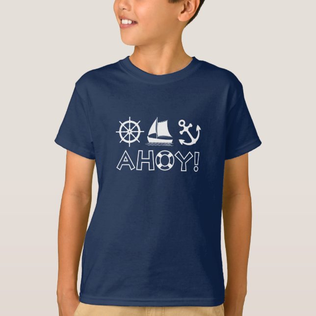 Wheel Sailboat Anchor Ahoy! Vit T Shirt (Framsida)