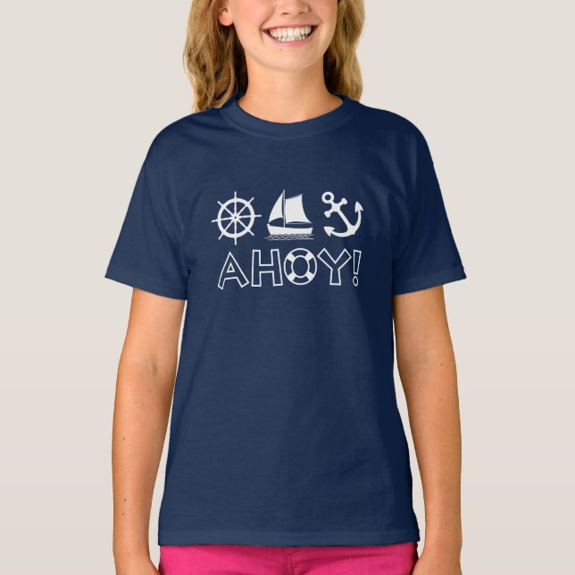 Wheel Sailboat Anchor Ahoy! Vit T Shirt (Framsida)