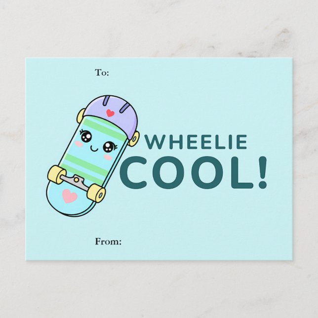 Wheelie Cool! Cute Skateboard Classroom Valentine  Helg Vykort (Framsida)
