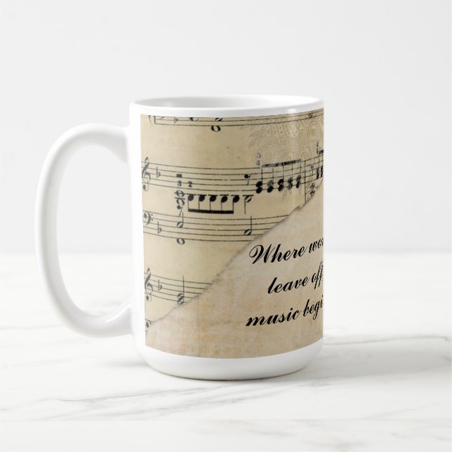 “Where words leave off, music begins.”  Kaffemugg (Vänster)