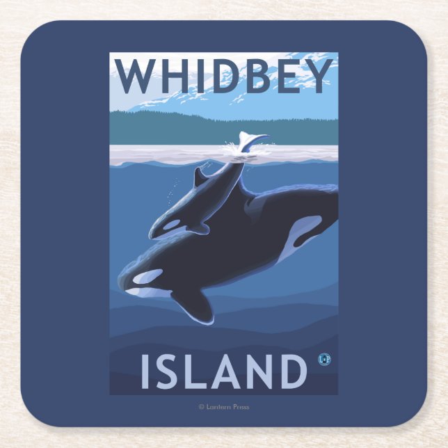 Whidbey ö, WashingtonOrca och kalv Underlägg Papper Kvadrat (Framsidan)