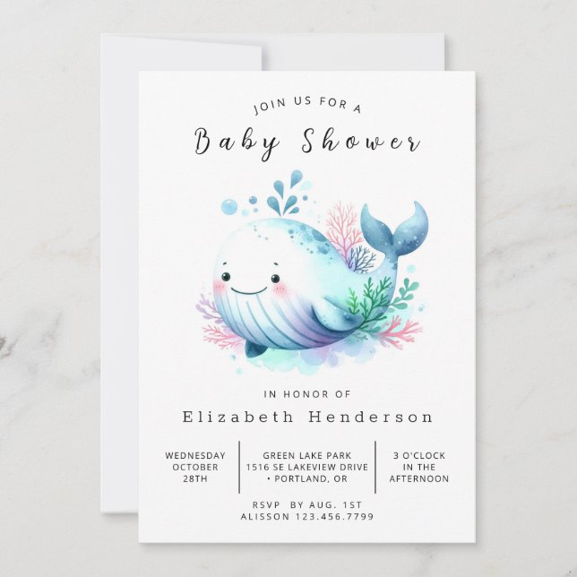 Whimisable Printable Whale Baby Shower Inbjudningar (Framsida)