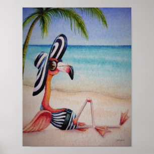 Whimiscal Beach Babe Flamingo 1 Vattenfärg 11x14 Poster